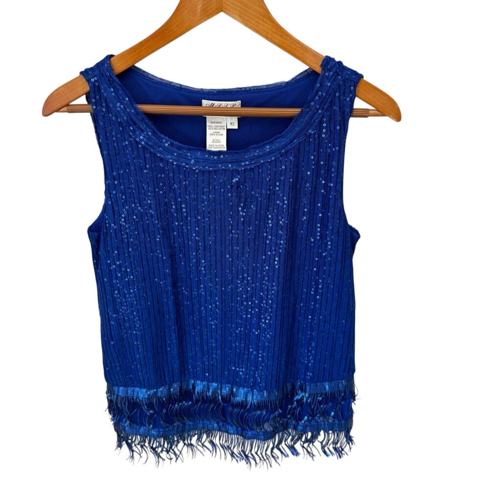 MAX STUDIO M.S.S.P. Royal Blue Sequin Fringe Tank Top Pleated Sparkle Clubwear